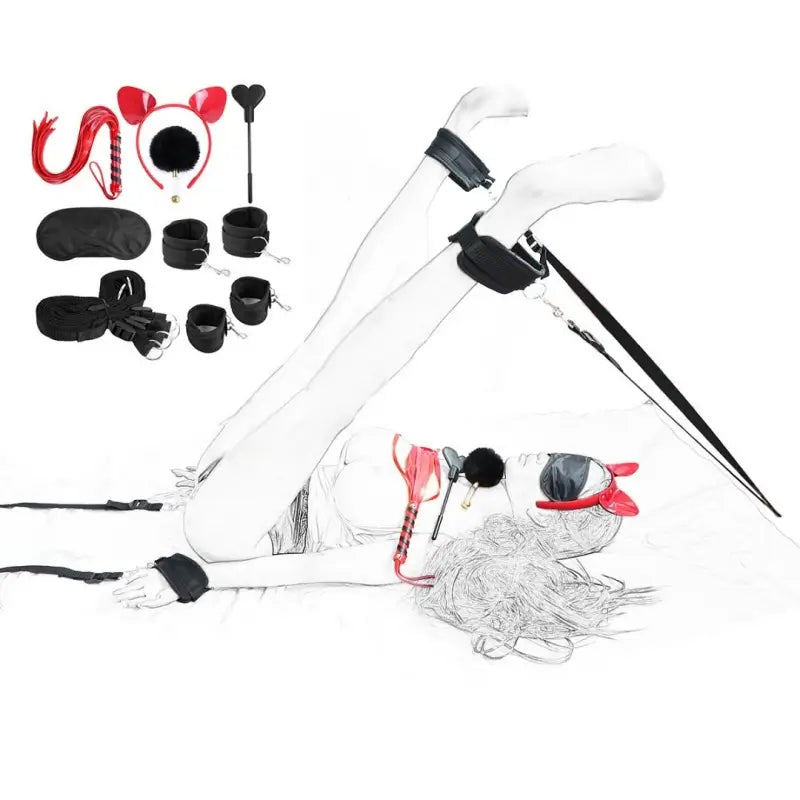 Under-Bed Restraint BDSM Kit — Red & Black Flogger, Cuffs & Blindfold