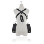 Back view of adjustable leather thigh wrist restraints harness with professional-grade hardware.