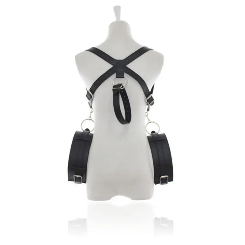 Back view of adjustable leather thigh wrist restraints harness with professional-grade hardware.