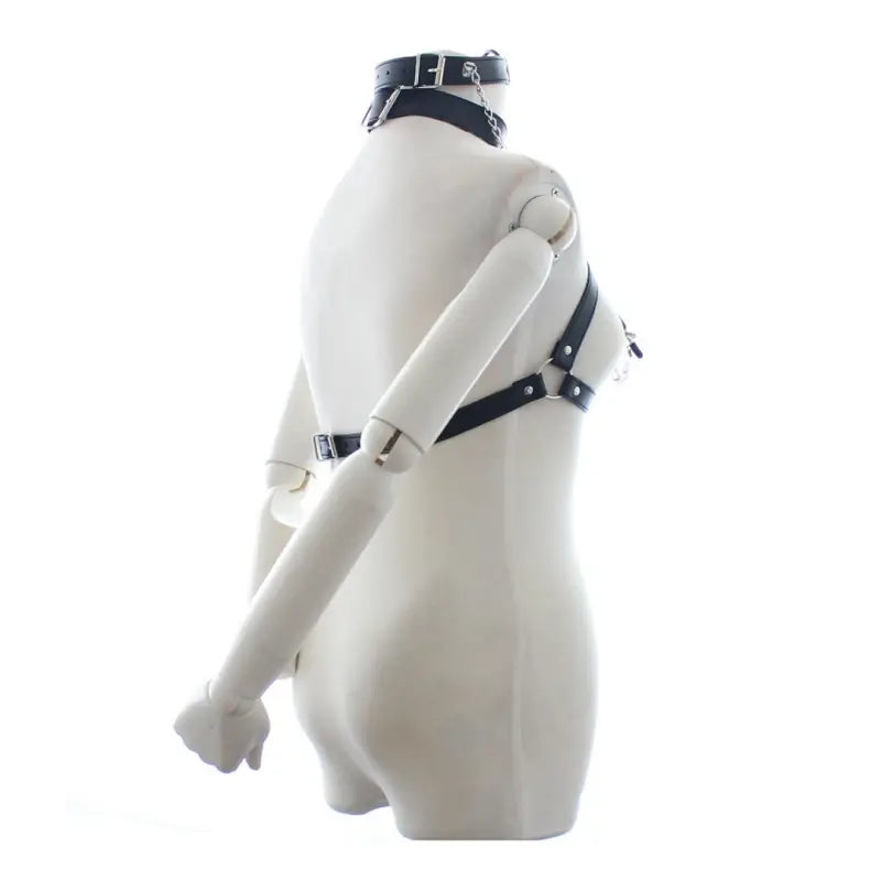 BDSM Harness – Black PU Leather Chain Bra w/ Detachable Nipple Clamps