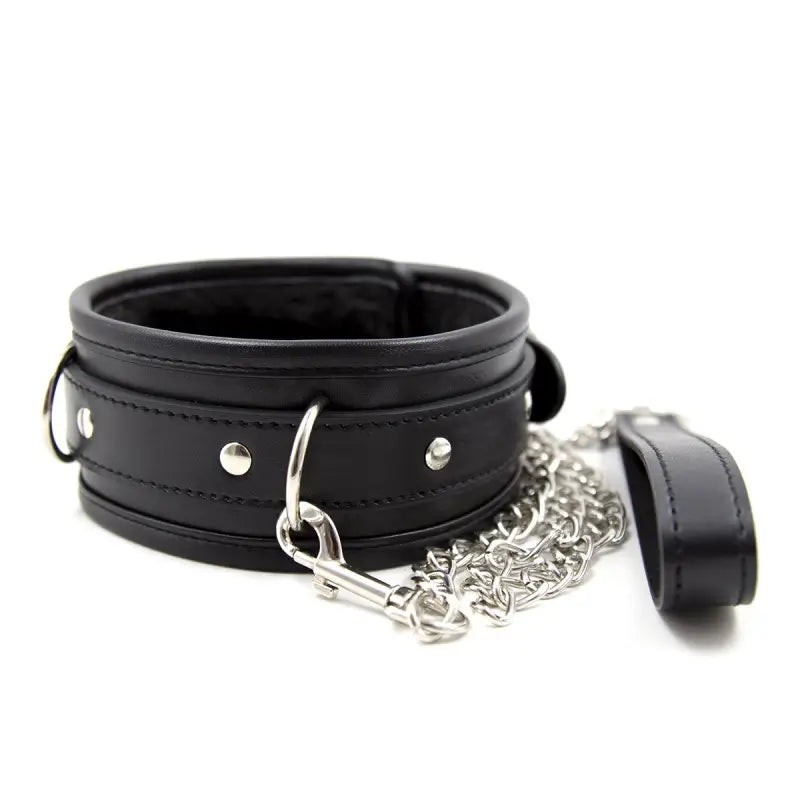 Black Leather BDSM Collar with Chain Leash – Plush Lined & Adjustable