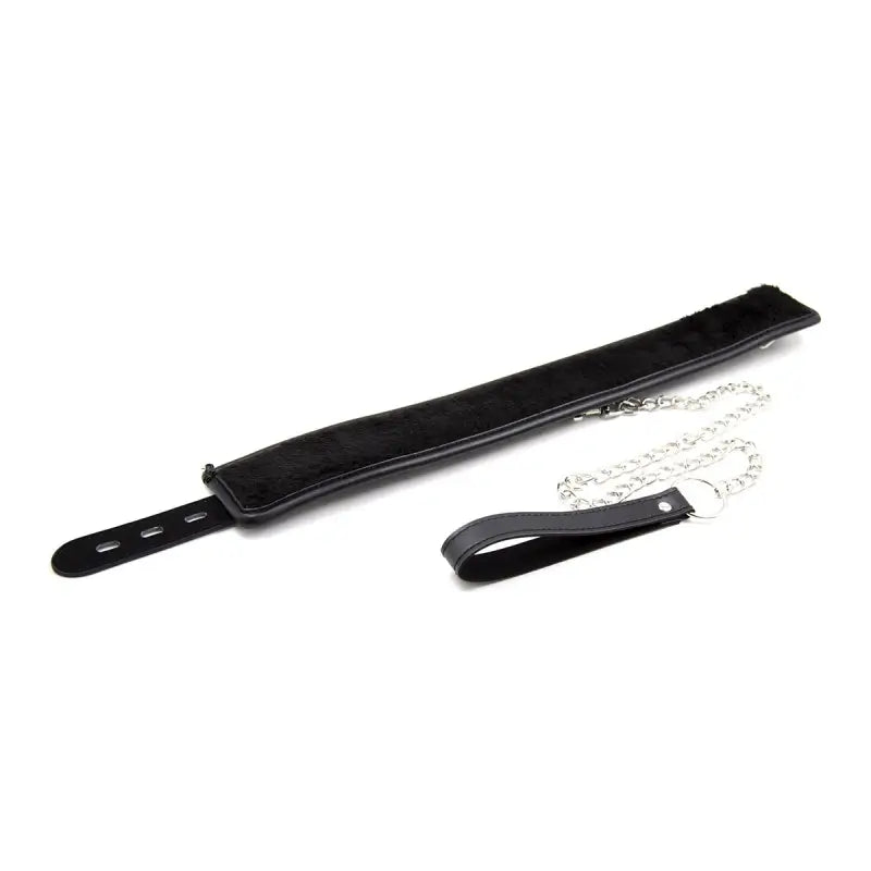 Black Leather BDSM Collar with Chain Leash – Plush Lined & Adjustable