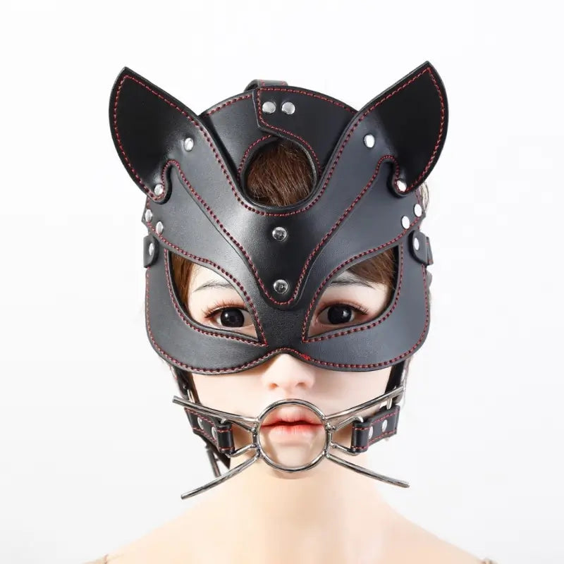 Fox BDSM Mask with O-Ring Gag - Adjustable Faux Leather Harness
