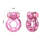 Vibrating cock ring in pink, featuring playful design and measurements for couples' pleasure.