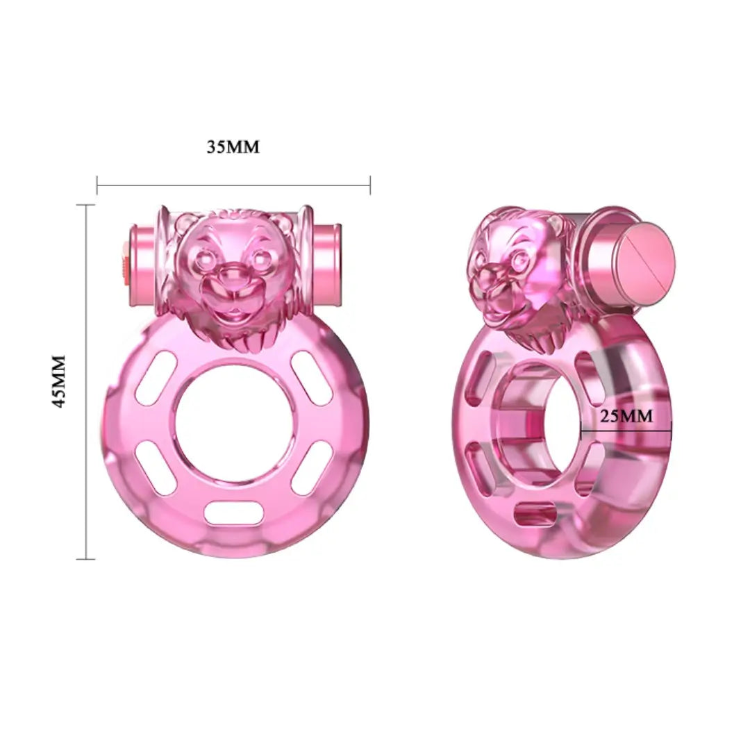 Vibrating cock ring in pink, featuring playful design and measurements for couples' pleasure.