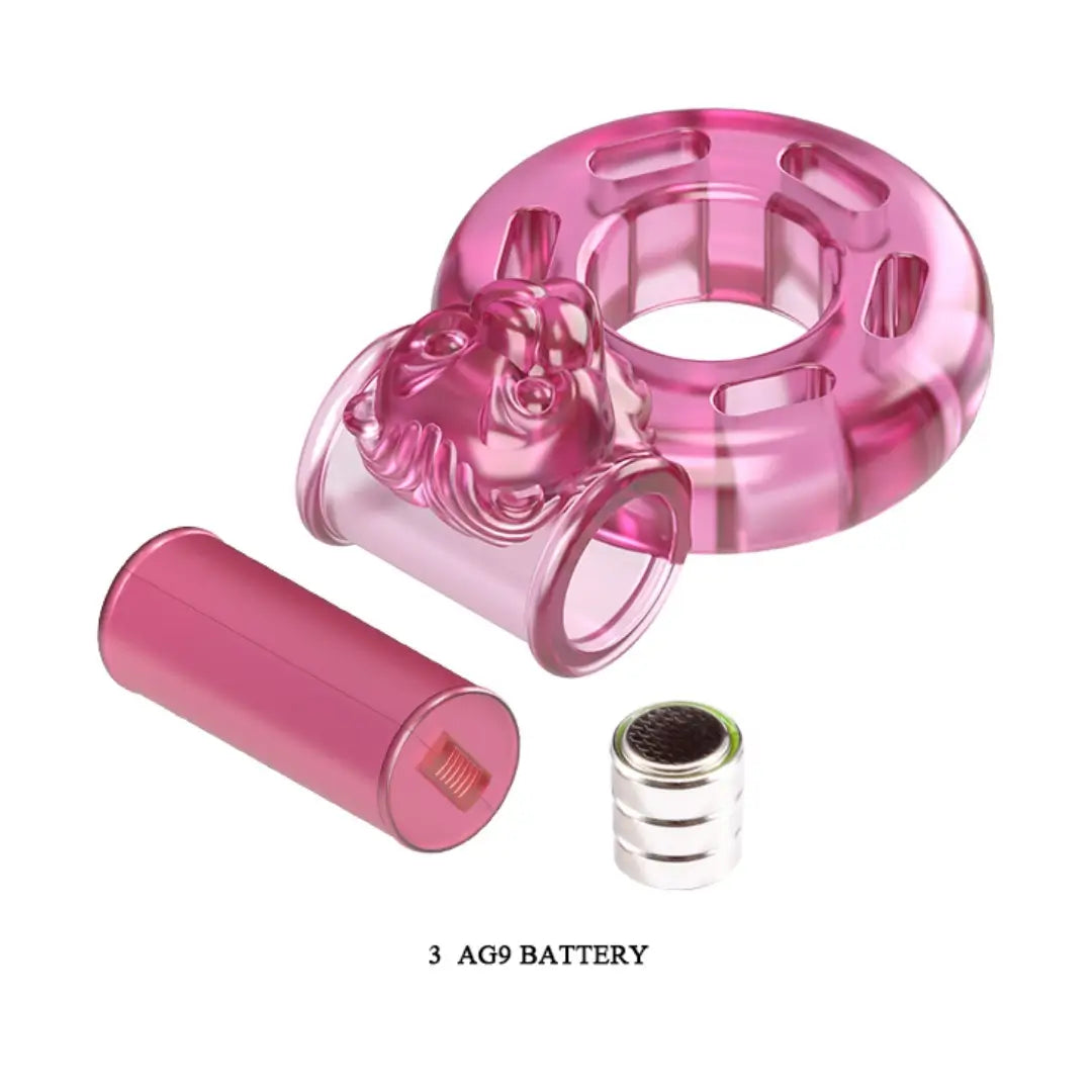 Vibrating Cock Ring and battery for enhancing pleasure in intimate moments, featuring soft pink TPR material.