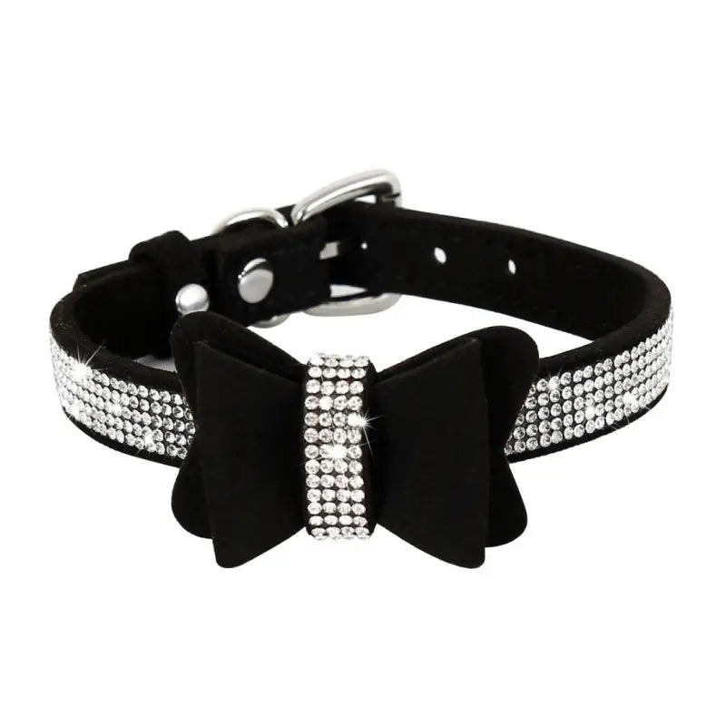 Suede Bow Collar — Rhinestone Trim Adjustable Day Collar