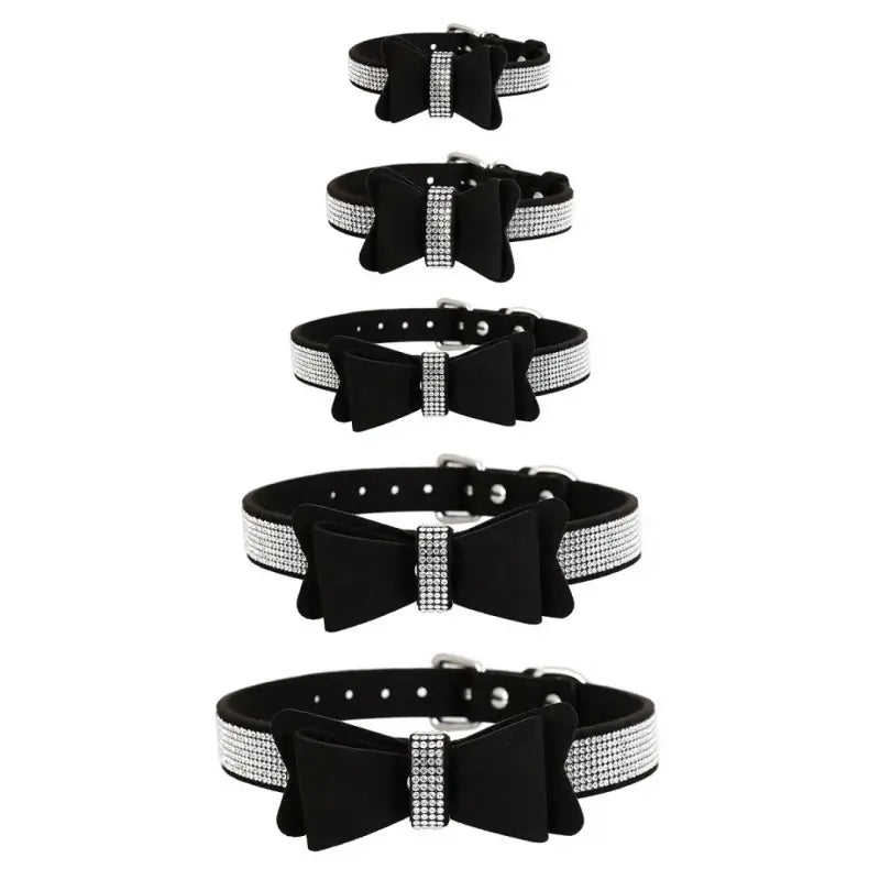 Suede Bow Collar — Rhinestone Trim Adjustable Day Collar