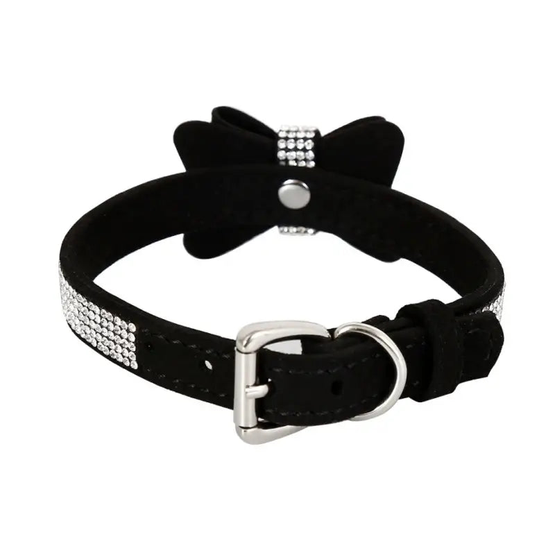Suede Bow Collar — Rhinestone Trim Adjustable Day Collar