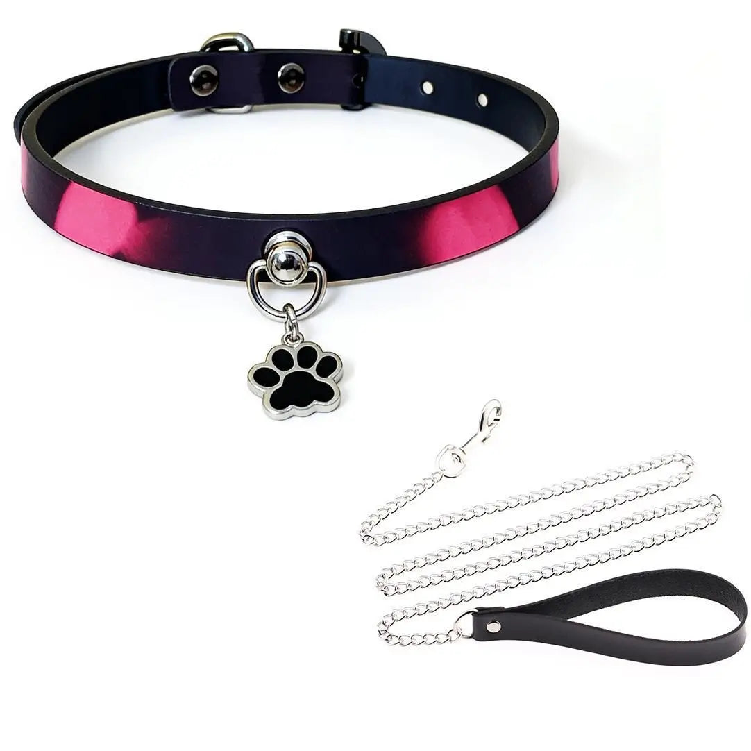 Style F thermochromic collar and leash set with paw charm, front view - Dominitoy XL2335 color changing collar that turns pink