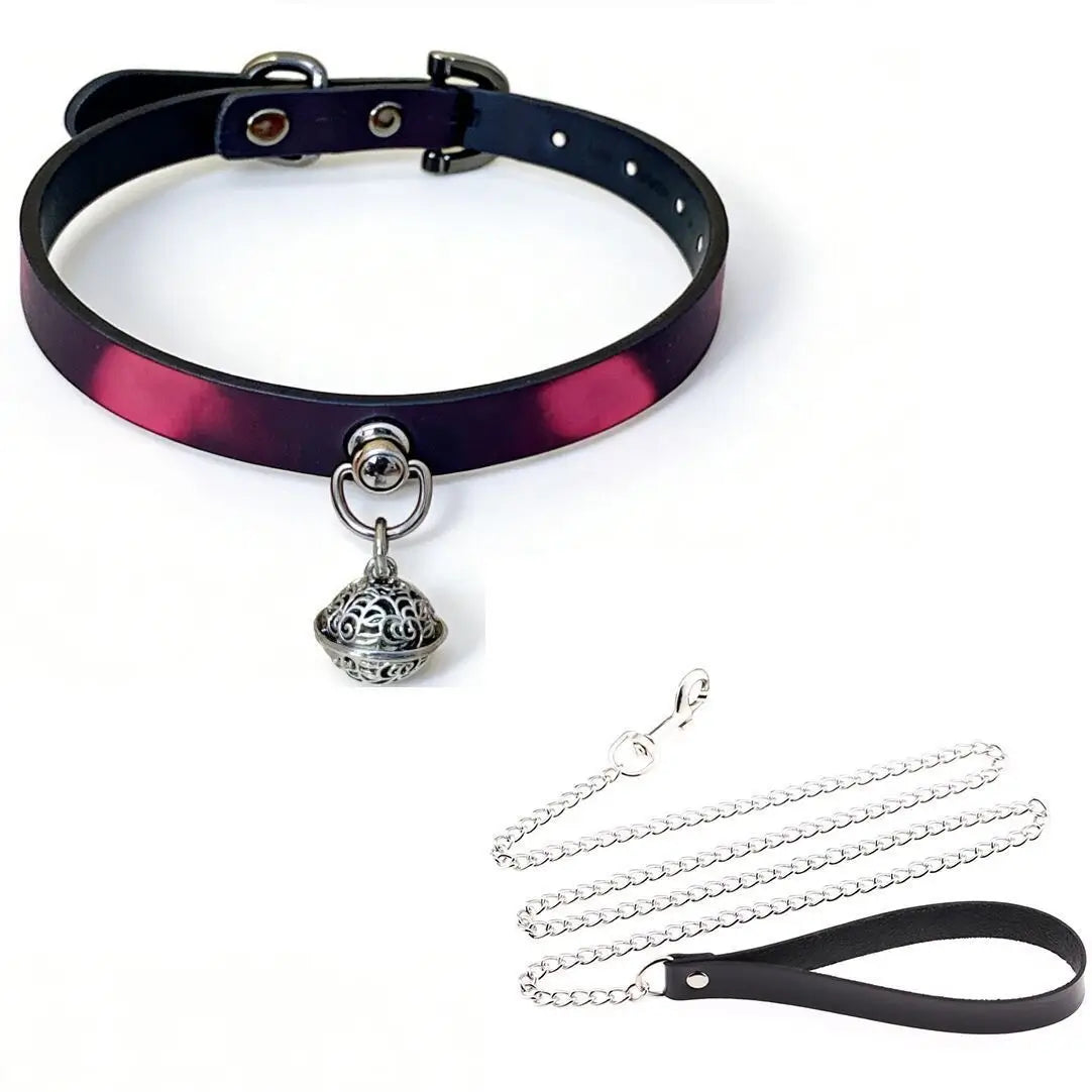 Style G thermochromic collar and leash set with filigree bell charm, front view - Dominitoy XL2335 body heat color change collar that turns purple