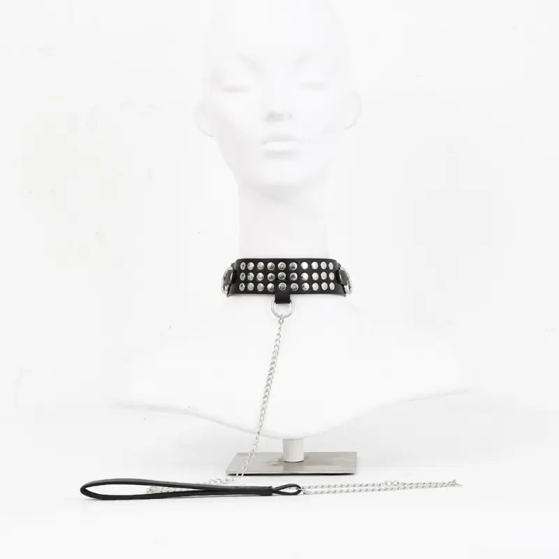 Studded Black PU Leather Chain Leash & Adjustable Collar Set