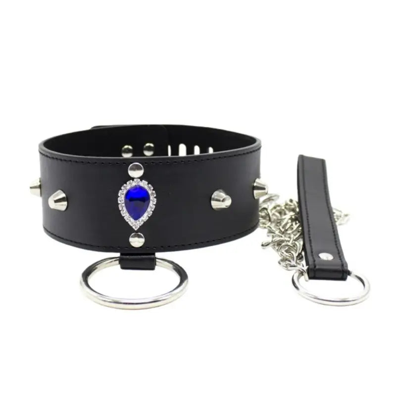 Black Faux Leather Studded O-Ring Collar with Blue Gem & Detachable Leash