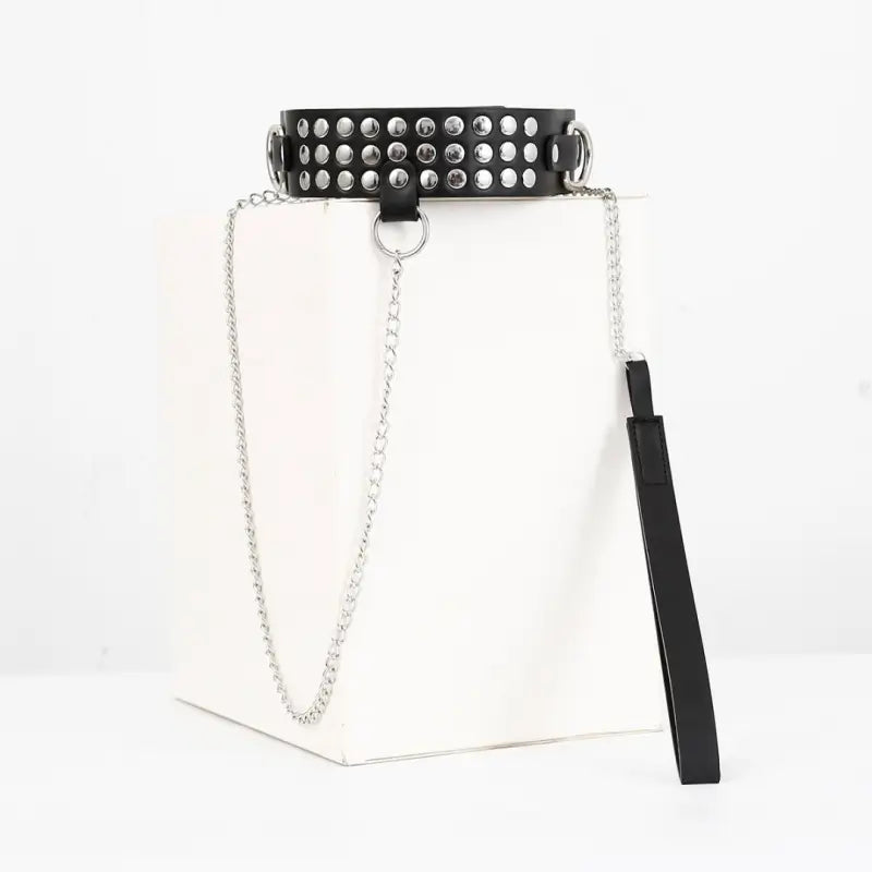 Studded Black PU Leather Chain Leash & Adjustable Collar Set