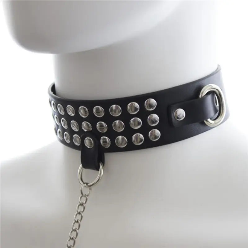 Studded Black PU Leather Chain Leash & Adjustable Collar Set