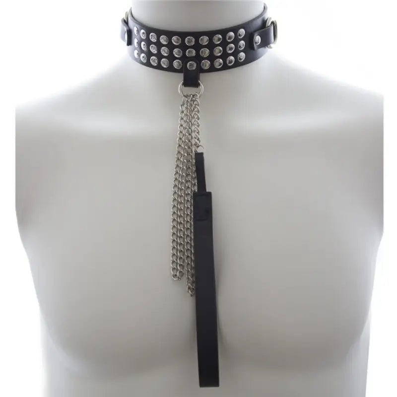 Studded Black PU Leather Chain Leash & Adjustable Collar Set