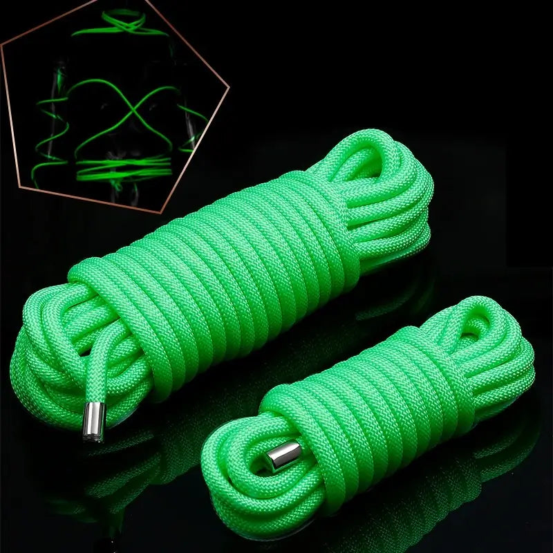 Glow-in-the-Dark Bondage Rope — Neon Green Nylon Rope with Metal Tips