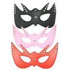 Blindfold Mask – Leather Look, studded eye masks in black, pink, and red for couples' intimate play.