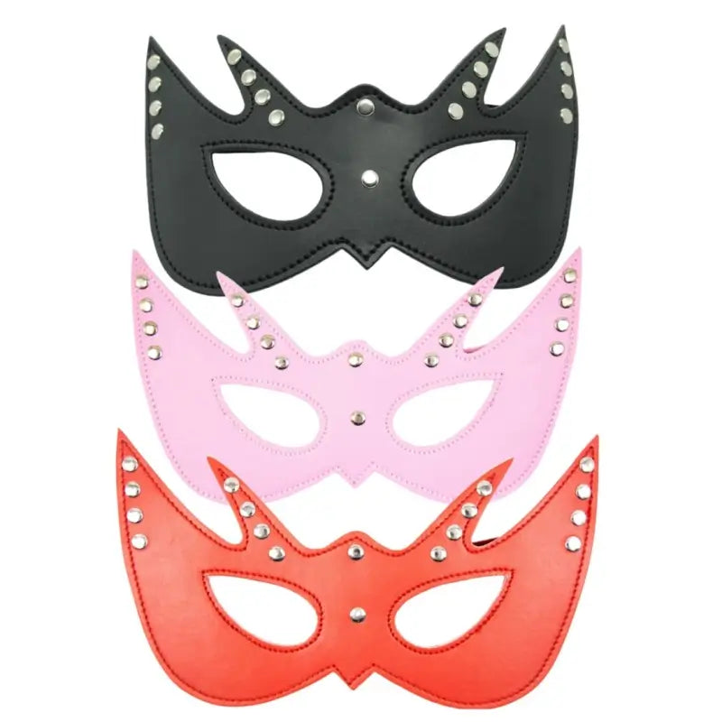 Blindfold Mask – Leather Look, studded eye masks in black, pink, and red for couples' intimate play.