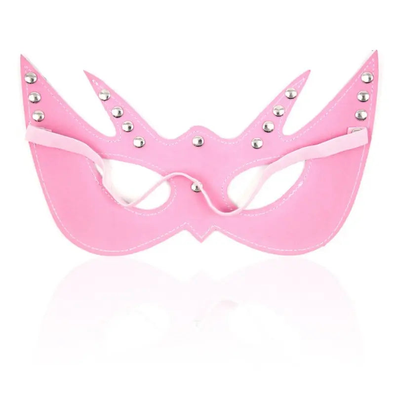 Blindfold Mask – Pink leather look eye mask with studs for adult play and sensory deprivation.