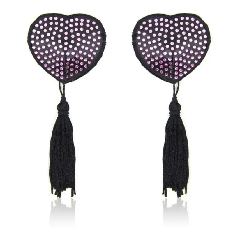 Rhinestone Heart Nipple Covers with Tassels - Reusable Crystal Pasties