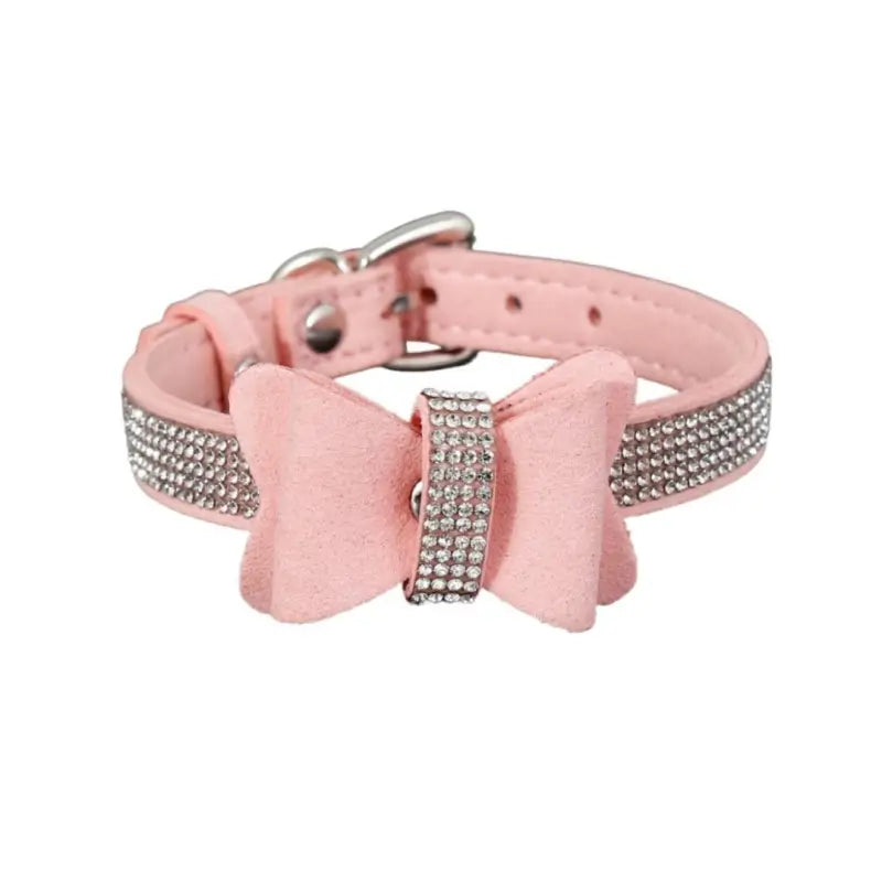 Suede Bow Collar — Rhinestone Trim Adjustable Day Collar