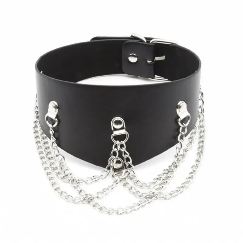 Black Leather Posture Collar with Chains – Adjustable Fetish Neckwear