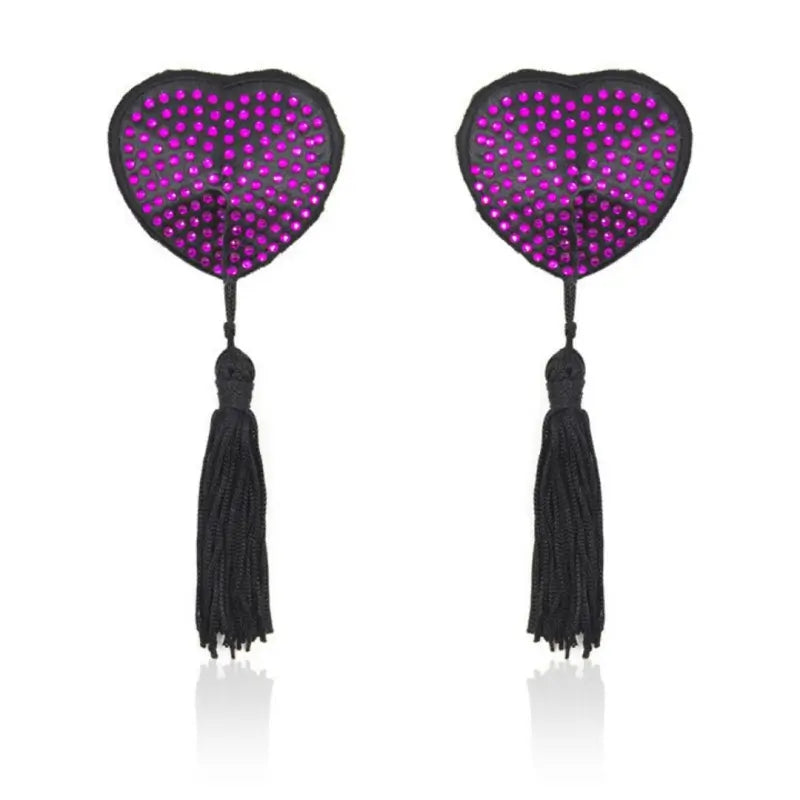 Rhinestone Heart Nipple Covers with Tassels - Reusable Crystal Pasties