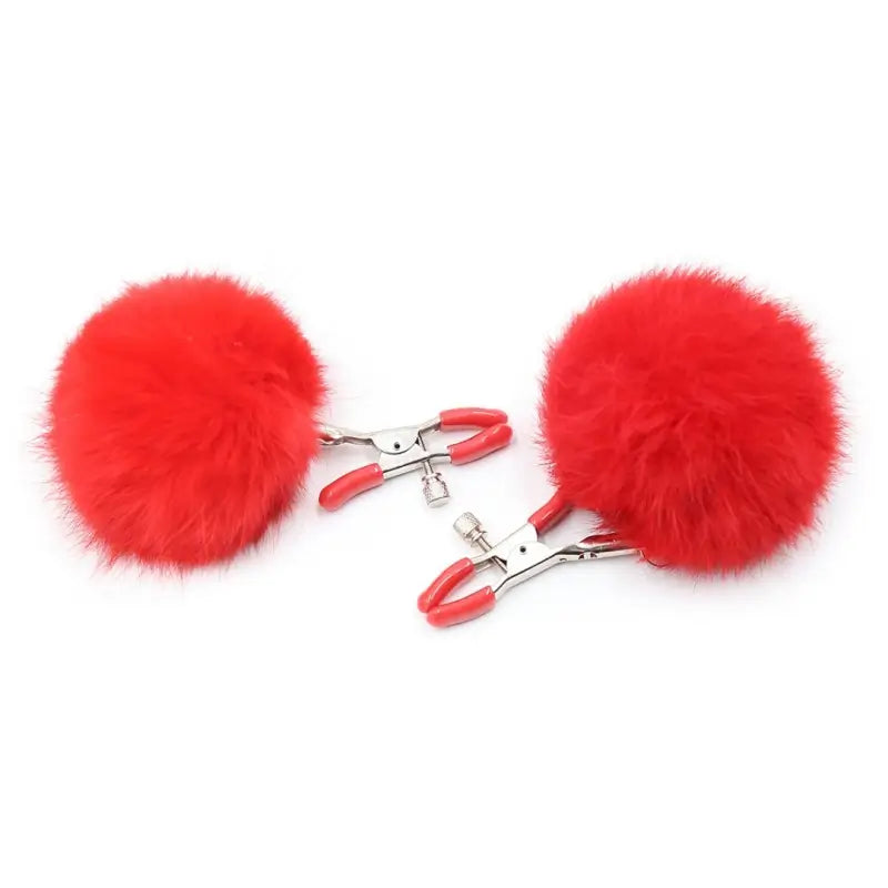 Faux-Fur Pom Pom Nipple Clamps — Silicone-Tip Metal Clamps