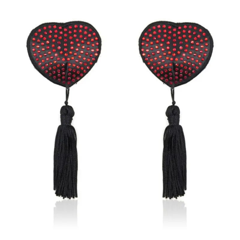 Rhinestone Heart Nipple Covers with Tassels - Reusable Crystal Pasties