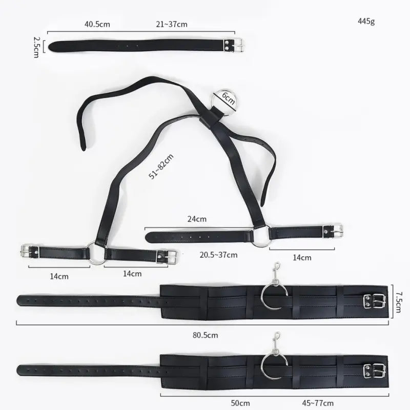 Thigh wrist restraints adjustable leather bondage harness dimensions and design features, including clips and straps.
