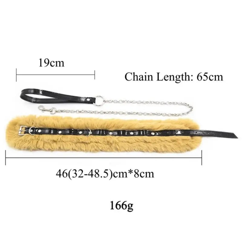 Plush Faux-Fur Adjustable Collar with Detachable Metal Chain Leash