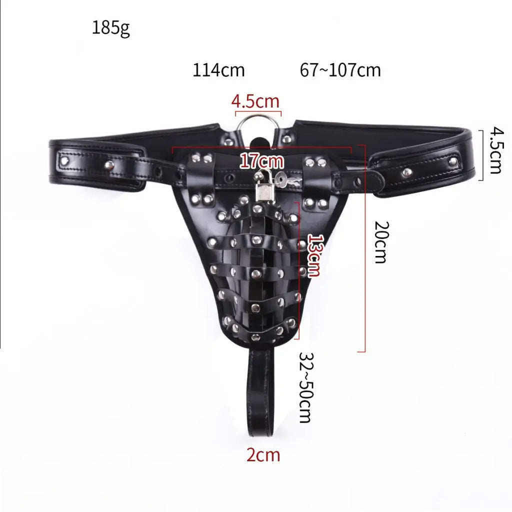 Leather Male Chastity Belt - Lockable Penis Cage