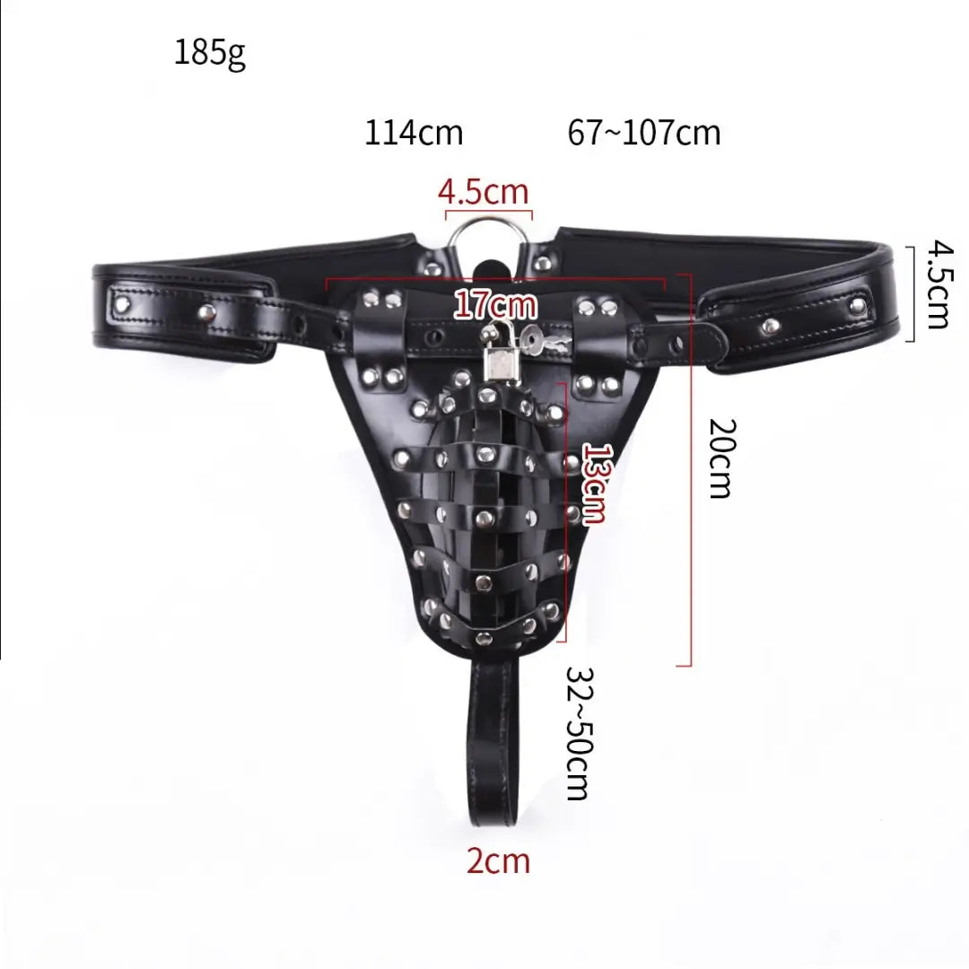 Leather Male Chastity Belt - Lockable Penis Cage