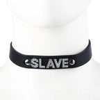 Black Leather Slave Choker – Rhinestone BDSM Collar