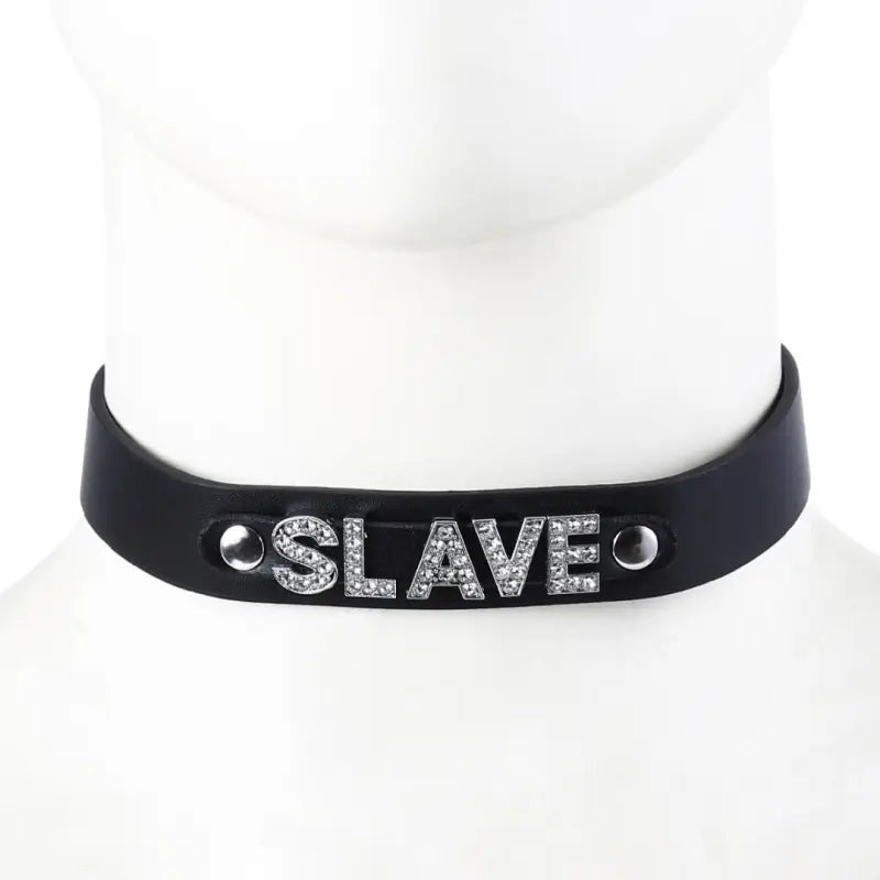 Black Leather Slave Choker – Rhinestone BDSM Collar