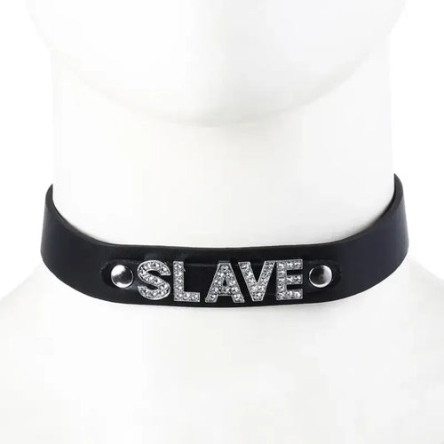Dominitoy Black Black Leather Slave Choker – Rhinestone BDSM Collar