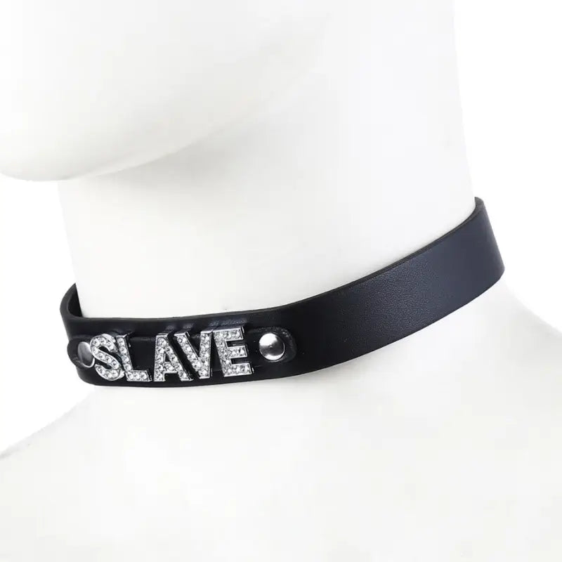 Black Leather Slave Choker – Rhinestone BDSM Collar