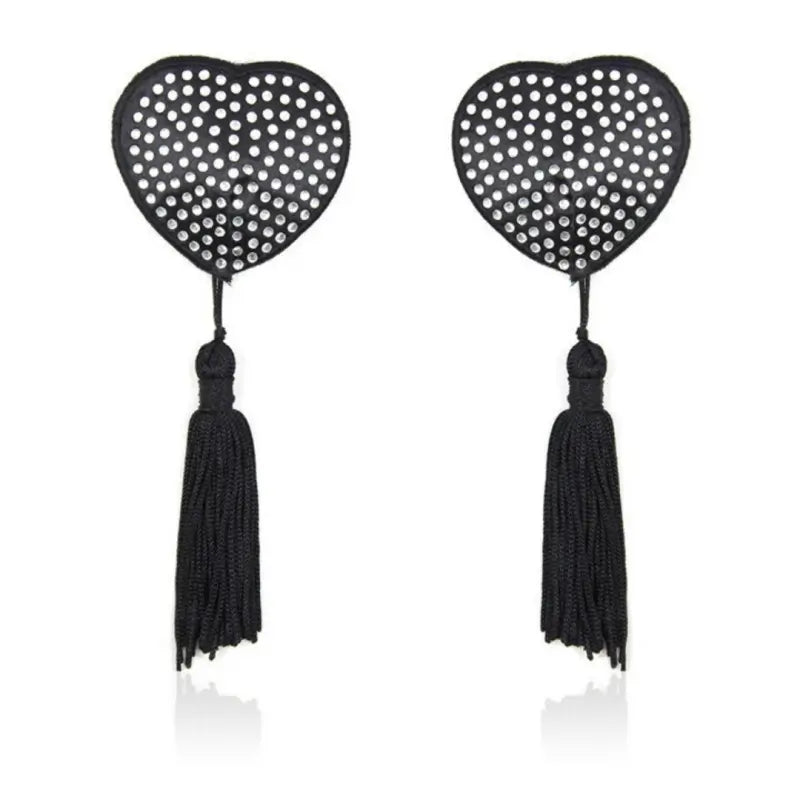 Rhinestone Heart Nipple Covers with Tassels - Reusable Crystal Pasties