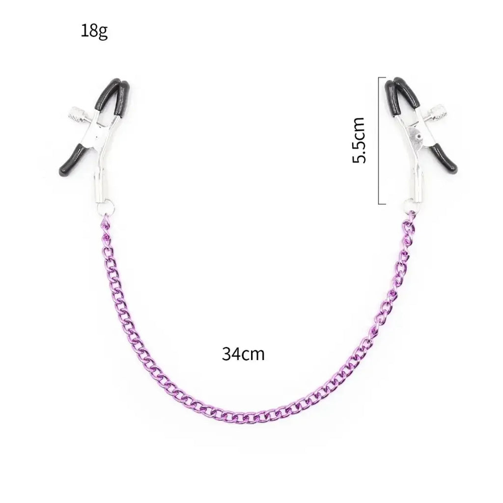 Domini Toy Adjustable Metal Nipple Clamps with Chain, Body‑Safe Rubber Tips
