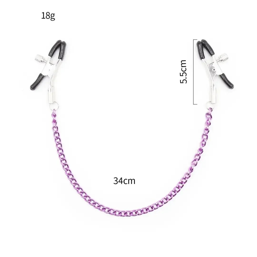 Domini Toy Adjustable Metal Nipple Clamps with Chain, Body‑Safe Rubber Tips