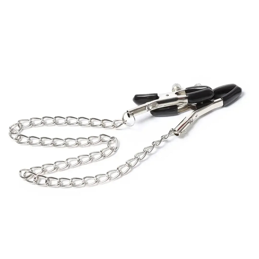 Domini Toy Adjustable Metal Nipple Clamps with Chain, Body‑Safe Rubber Tips