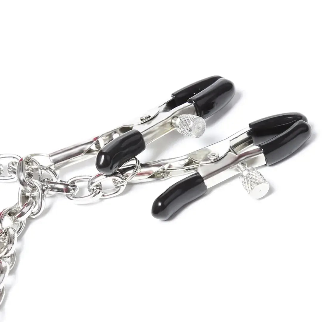Domini Toy Adjustable Metal Nipple Clamps with Chain, Body‑Safe Rubber Tips