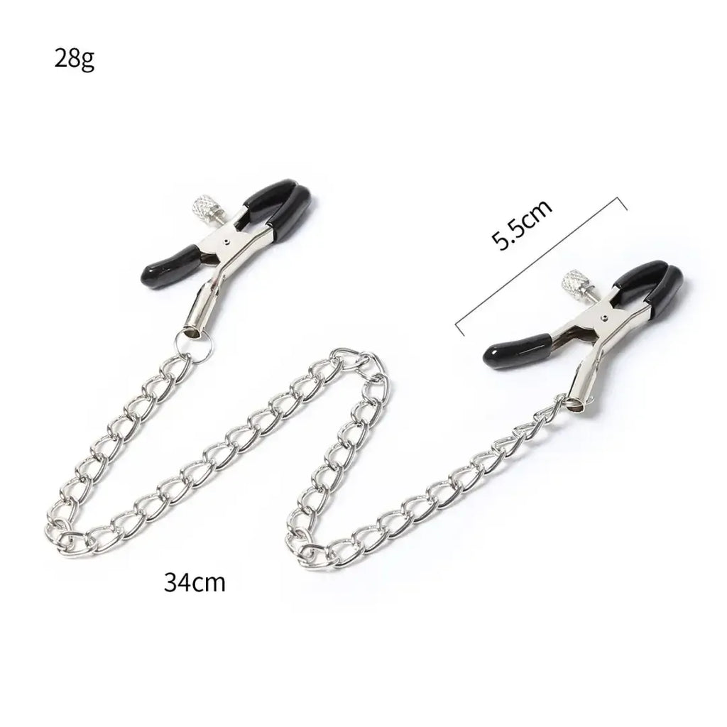 Domini Toy Adjustable Metal Nipple Clamps with Chain, Body‑Safe Rubber Tips