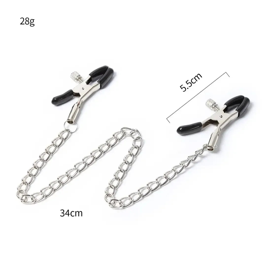Domini Toy Adjustable Metal Nipple Clamps with Chain, Body‑Safe Rubber Tips
