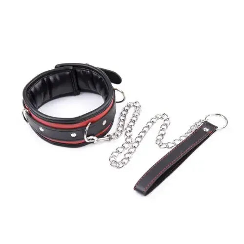 Domini Toy Black and Red Collar and Leash Adjustable PU Leather Padded