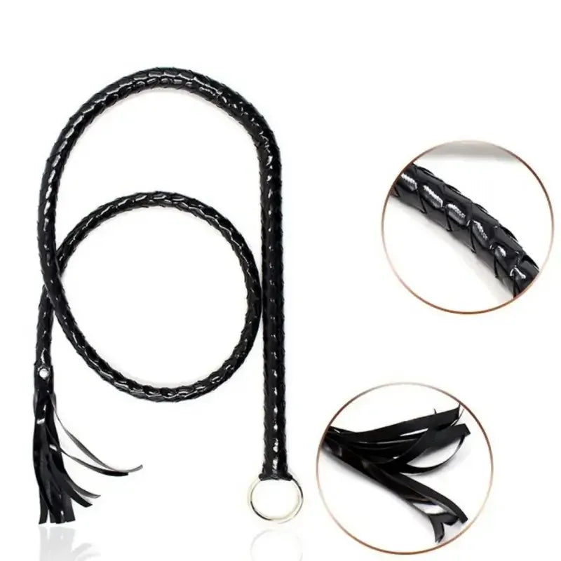 Domini Toy Black Extra Long Black Shiny Leather BDSM Whip 1.4M