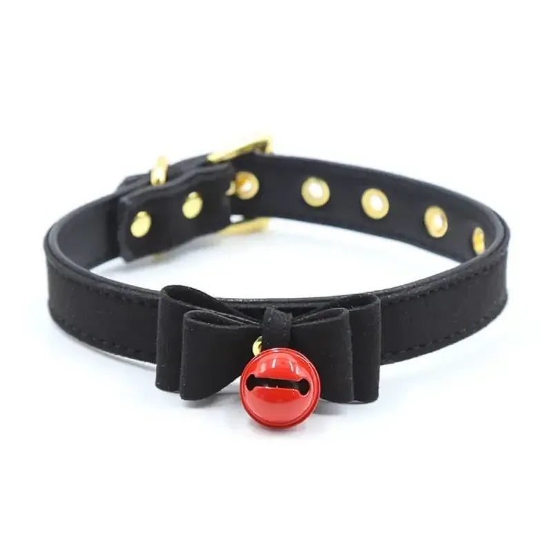 Domini Toy Black Kawaii Bow Bell Day Collar – Adjustable Soft PU, Gold Hardware