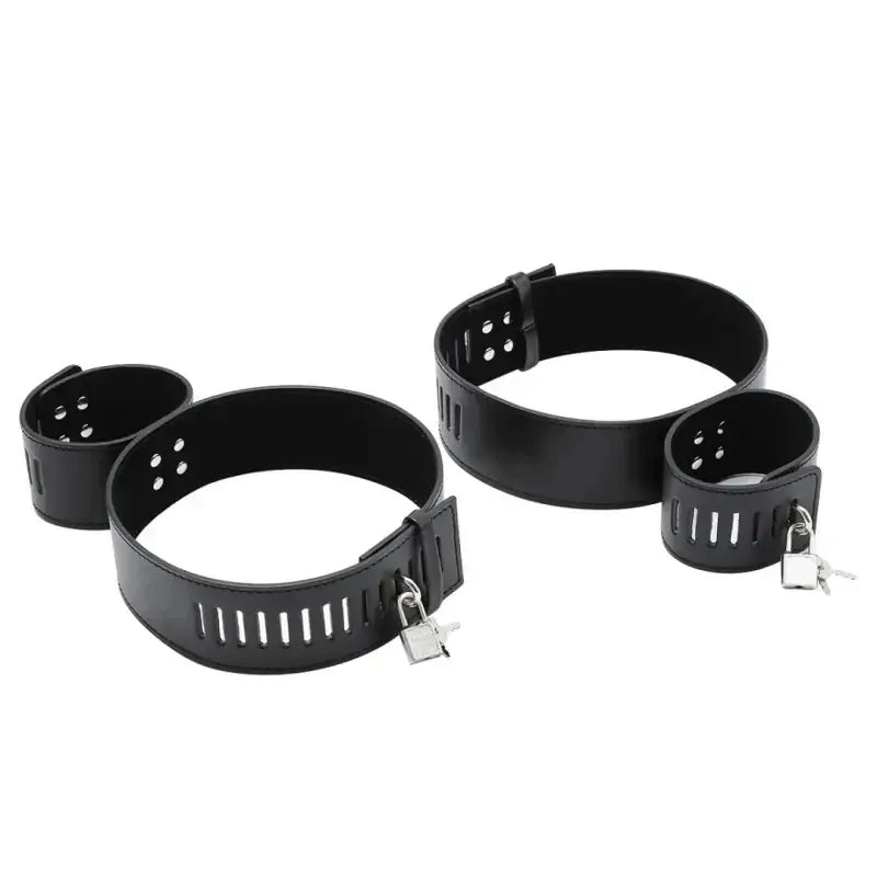 Domini Toy Black / Lock Locking Hogtie Cuff Set – Adjustable Rigid Cuffs for Wrists & Thighs