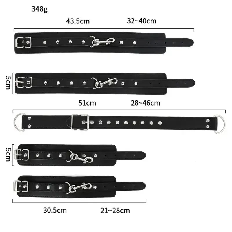 Domini Toy Black PU Leather Adjustable Arm & Wrist Cuffs — Padded Bondage Restraints Set